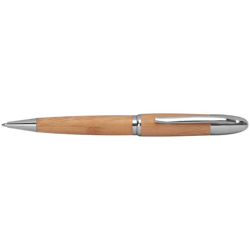 Kovové pero s bambusovým povrchom, modrá náplň, hnedá